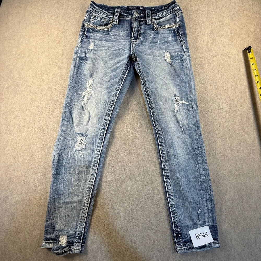 Miss Me Skinny Jeans Womens 26 Medium Wash Distressed Rhinestone Embellished Y2K